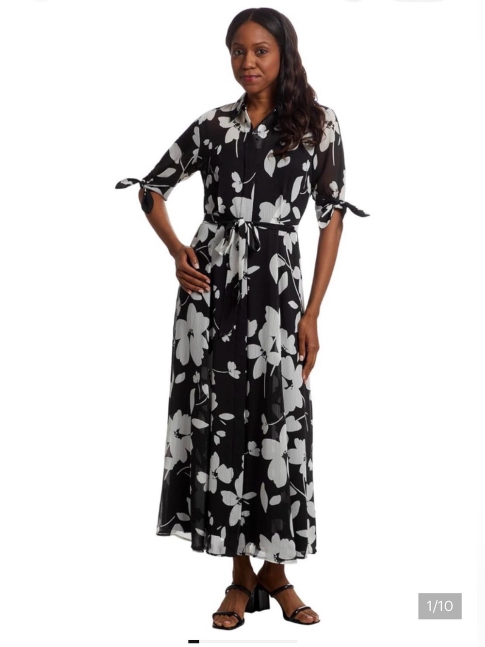 Calvin Klein Black and White Floral Button-Front Maxi Dress